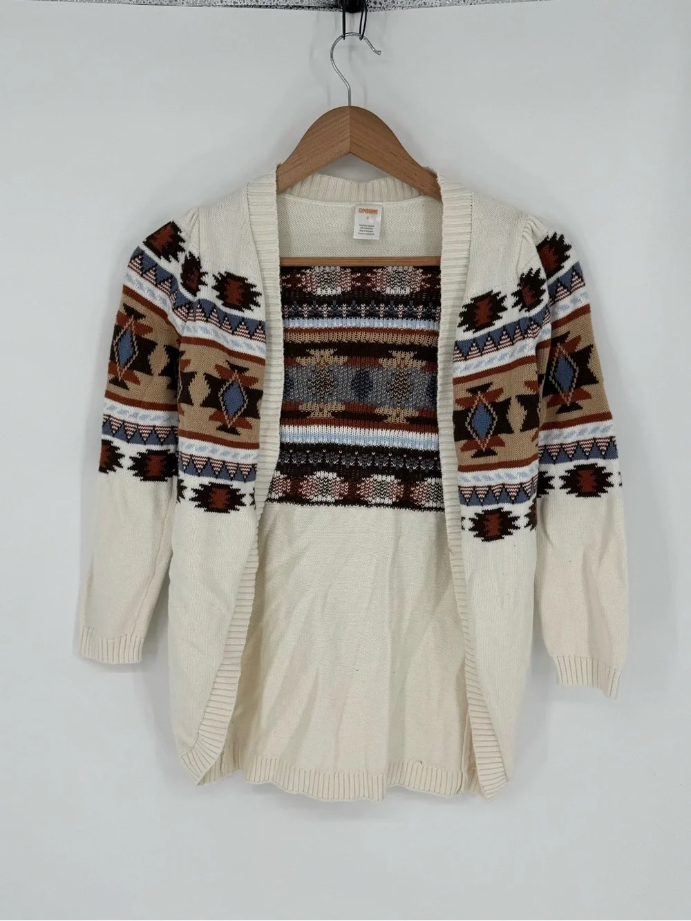 Gymboree Girls Size 8 Open Cardigan Sweater Aztec Design Brown/White/Tan H6
